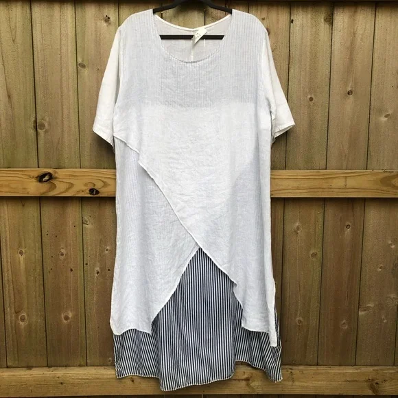 AMO 100% Linen Lagenlook Midi Dress White Navy Stripes Layered Italy with Scarf - Picture 6 of 14